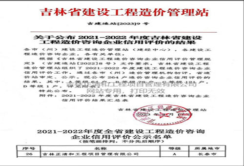 2021-2022年度吉林省建設(shè)工程造價咨詢企業(yè)信用評價A級